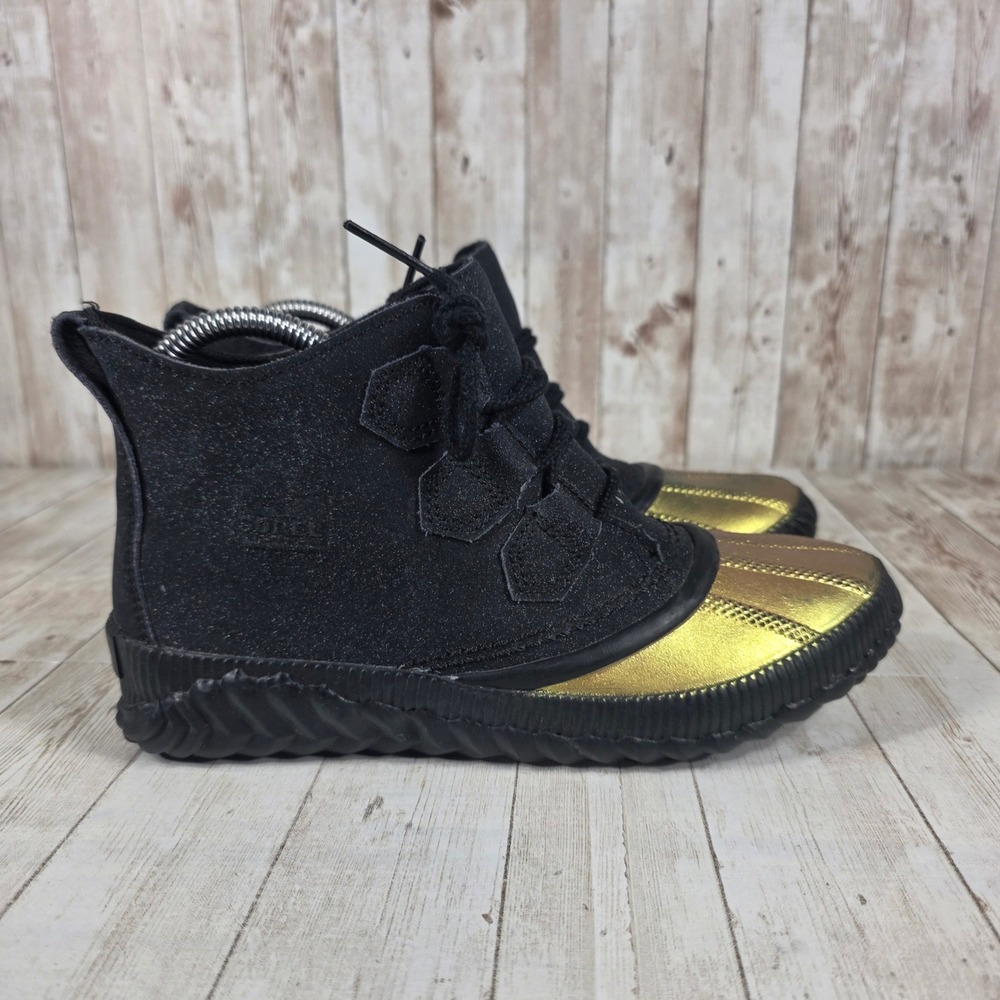 Sorel Women's Waterproof Duck Boots Black Glitter Gold Metallic Boots Size 7.5